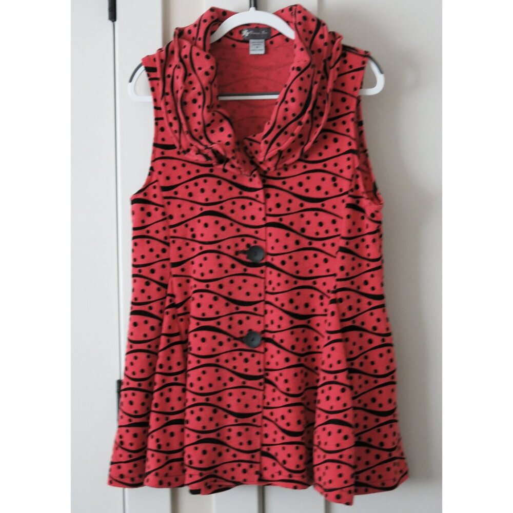 DAMEE INC. Red Orange Wavy Polka Dot Print Tunic Top Vest Wired Collars - M